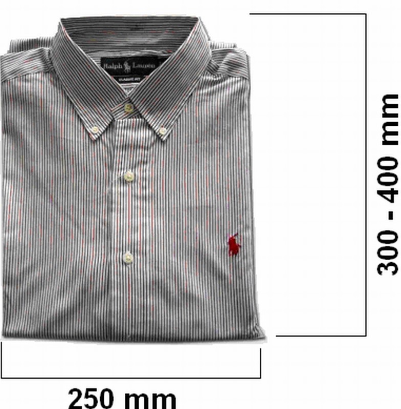 Příklad jednoho z možných způsobů poskládání košile a možné rozměry