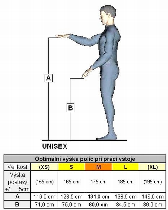 Optimální výška polic při práci vstoje / Unisex